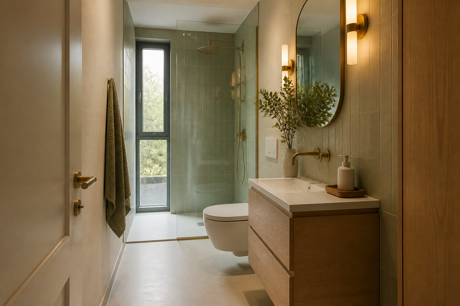 Baño pequeño moderno y estrecho con distribución lineal en verde salvia