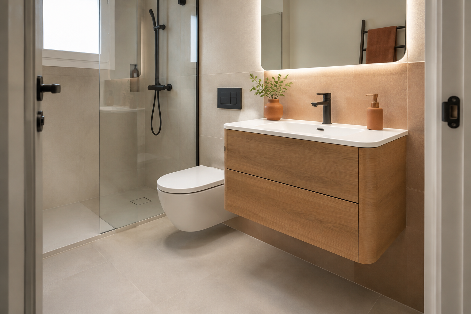 Baño pequeño con mueble suspendido y lavabo integrado